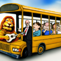 Garfield driving a school bus in a rock concert, Painting by Leonardo Da Vinci