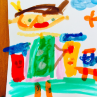 海绵宝宝打扮成邮递员在山腰喝咖啡，5 岁孩子的水彩画